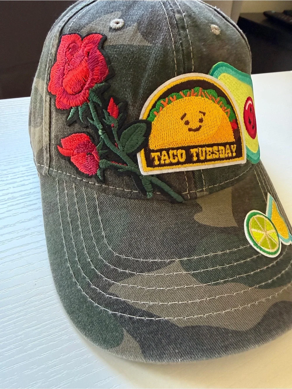 Taco Tuesday Patch Camo Baseball Cap Olive Green with Bright Patches OS
